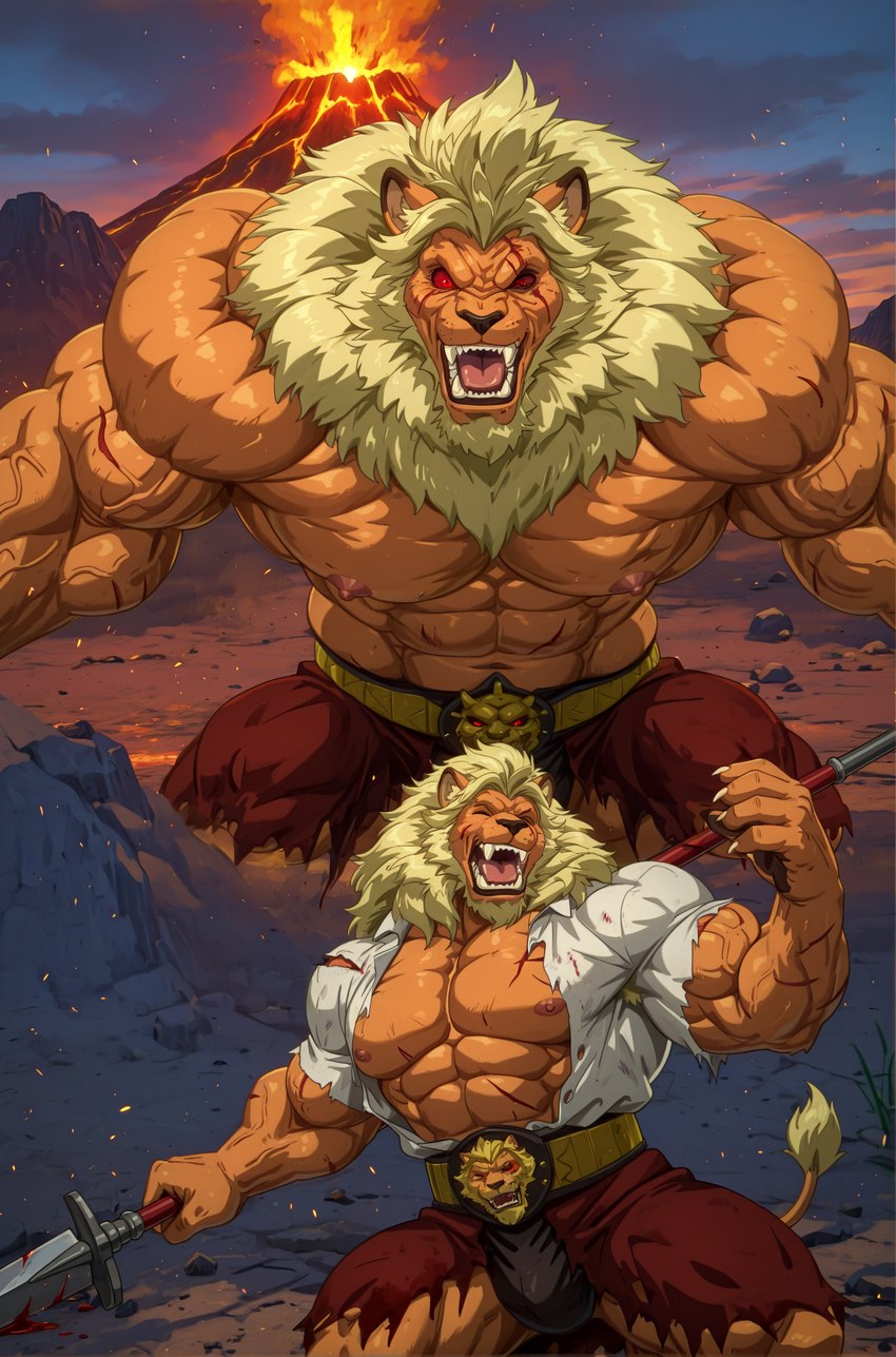 abs angry anthro belt biceps big_muscles clothed clothing eye_scar eyes_closed facial_scar growth holding_object holding_weapon looking_at_viewer male mane muscle_growth muscular nipples on_knees open_clothing open_mouth open_shirt open_topwear pecs red_eyes scar scars shirt solo topless topwear torn_clothes transformation volcano weapon wounded vanzilen beast_king felid lion mammal pantherine absurd_res hi_res