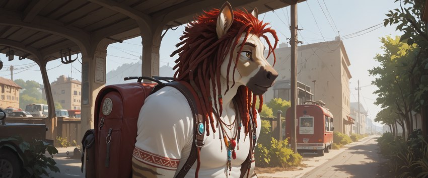 anthro backpack brown_eyes city city_background clothed clothing depth_of_field detailed_background dreadlocks fur hair jewelry landscape male outside plant red_hair solo tree redstallion_(director) giraffid mammal okapi hi_res