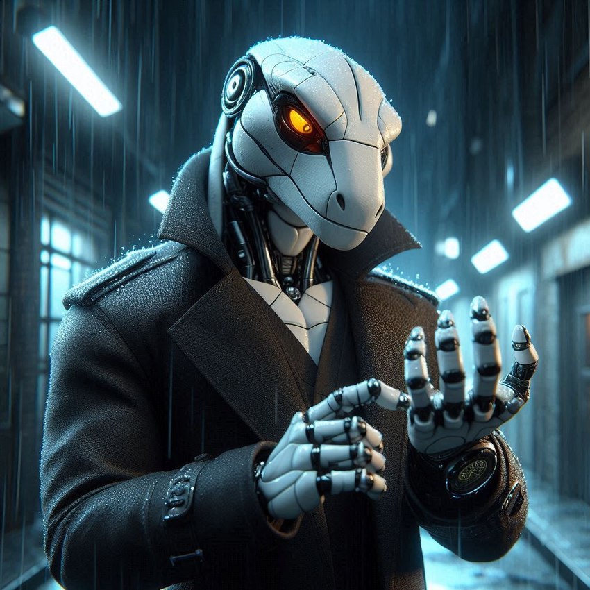 anthro black_clothing city city_background clothed clothing coat glowing glowing_eyes machine male night orange_eyes raining solo topwear trenchcoat white_body omgechounknown android lizard lizardman reptile robot scalie