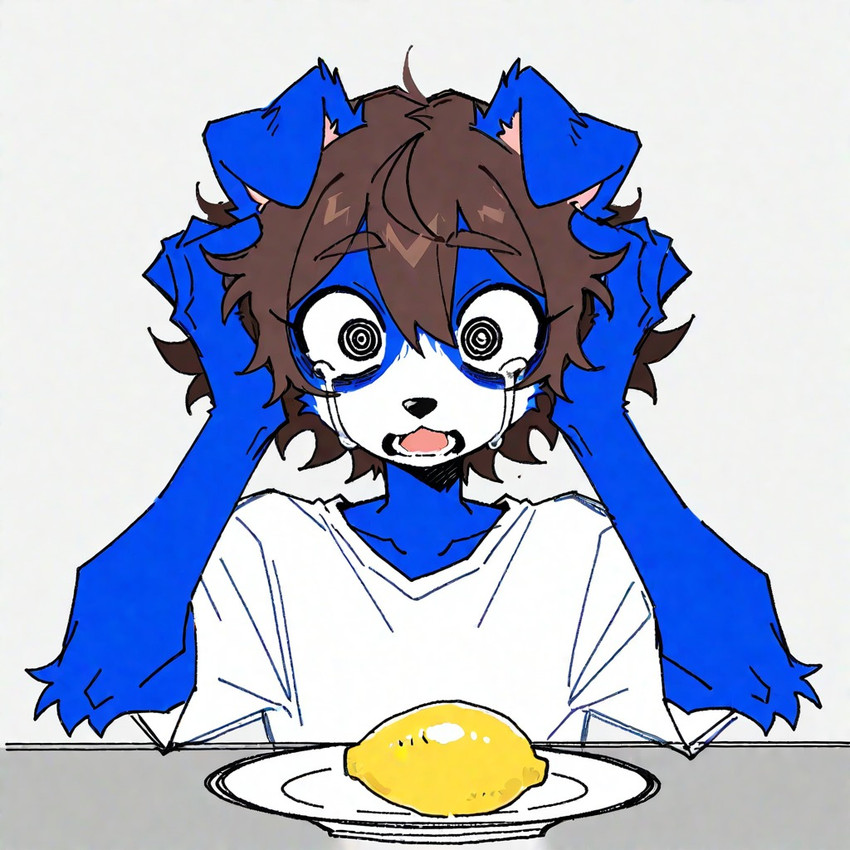 anthro bodily_fluids clothing crazy_eyes crying furniture hand_on_head lemon male plate shirt solo table tears topwear renz rennii_(renz) border_collie canid canine canis collie domestic_dog herding_dog mammal pastoral_dog sheepdog