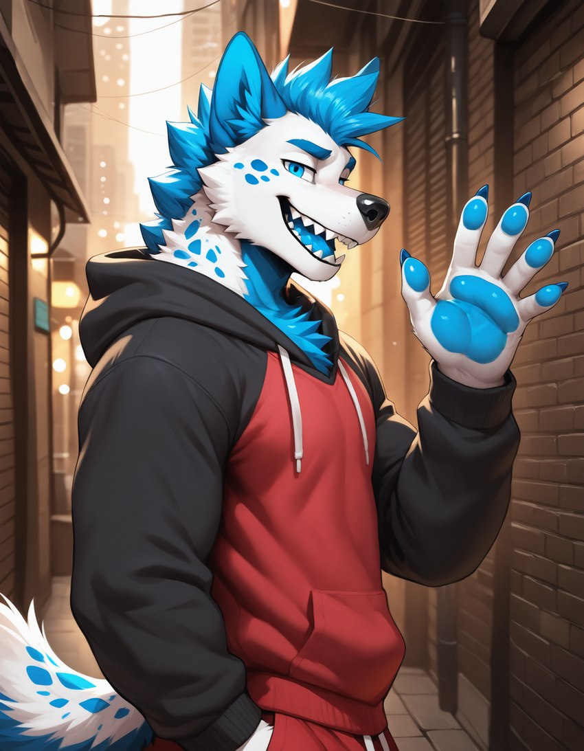 alley anthro black_hood black_sleeves blue_chest blue_claws blue_ears blue_eyebrows blue_eyes blue_hair blue_mohawk blue_pawpads blue_spots blue_tail blue_tongue city city_background claws clothing eyebrows fur gesture hair hand_in_pocket hood_down hoodie looking_at_viewer male markings mohawk muscular open_mouth open_smile pawpads pockets red_clothing red_hoodie red_topwear sharp_teeth smile solo spots spotted_markings spotted_tail sunset tail_markings teeth tongue topwear two-tone_body two_tone_hoodie two_tone_tail waving white_body white_tail adzyx3m_(director) adzyx3m canid canine canis hyaenid hybrid mammal wolf