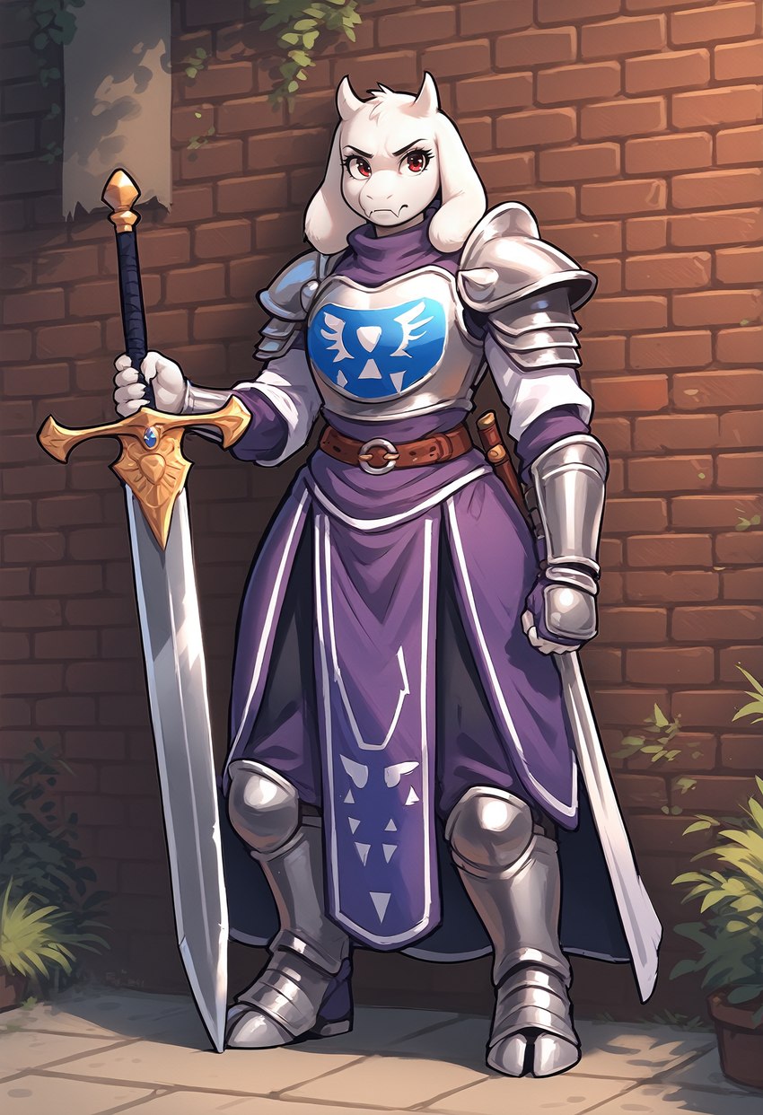 anthro armor armored_boots belt belt_buckle breastplate brick_wall clothed clothing fangs female fur horn long_ears melee_weapon plant plate_armor shoulder_pads solo sword undertale_(series) wall_(structure) weapon white_body white_fur tamrad toriel boss_monster bovid caprine goat mammal absurd_res hi_res