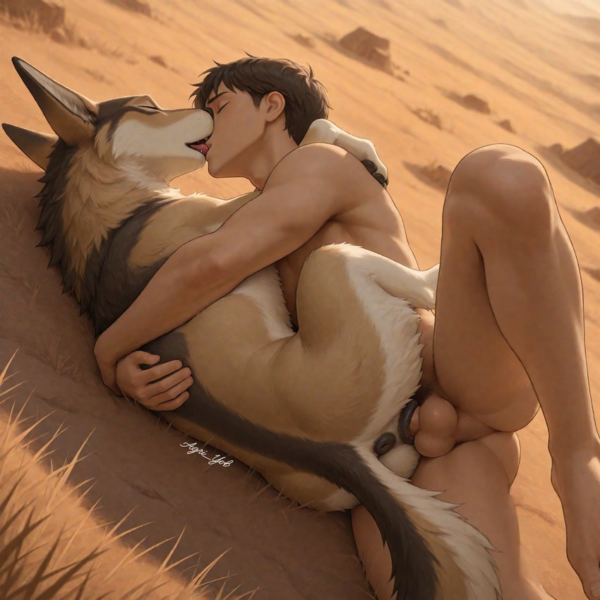 anus bestiality black_anus black_nose black_pawpads black_pussy desert duo embrace female female_penetrated feral from_behind_position genitals human_on_feral interspecies kissing male male/female pawpads penetration pussy sex spoon_position spooning vaginal vaginal_penetration agri_yob canid canine canis human jackal mammal hi_res