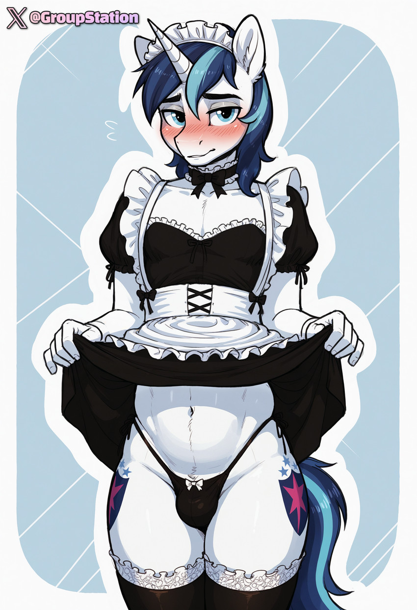 anthro bed blush bulge clothed clothing clothing_lift crossdressing cutie_mark dress dress_lift embarrassed exhibitionism femboy fur furniture horn legwear looking_at_viewer maid_uniform male presenting solo stockings thong underwear uniform white_body white_fur groupstation friendship_is_magic my_little_pony shining_armor_(mlp) equid equine horse mammal pony unicorn absurd_res hi_res