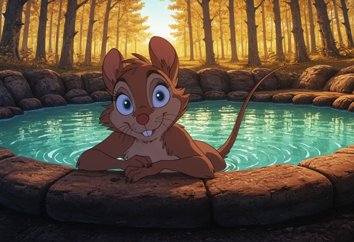 4_fingers anthro blue_eyes buckteeth don_bluth female fingers forest looking_at_viewer nude outside partially_submerged plant pool semi-anthro smile solo teeth tree water whiskers aksel the_secret_of_nimh mrs._brisby mammal mouse murid murine rodent hi_res