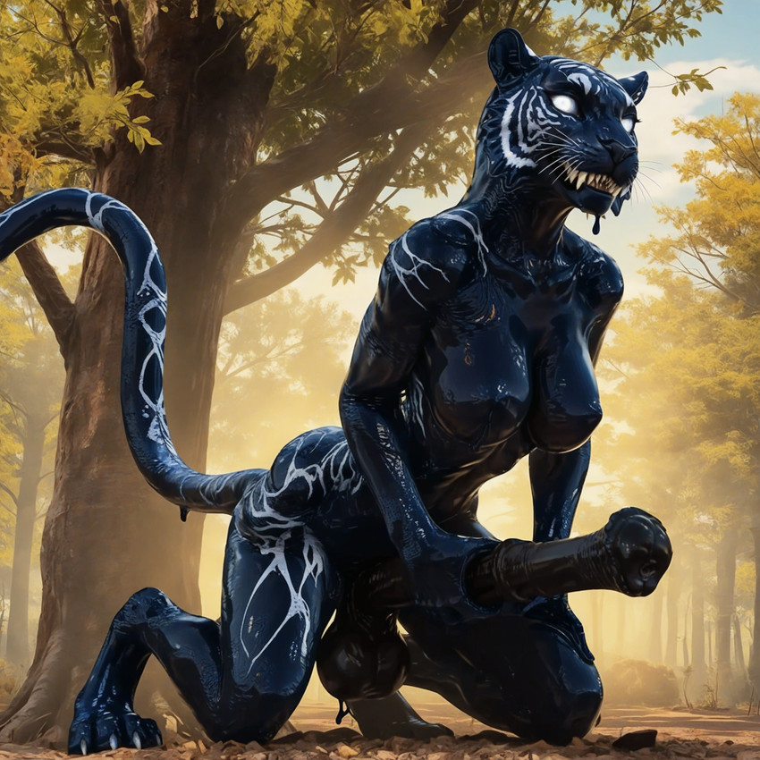 animal_genitalia animal_penis anthro balls big_penis black_body black_penis breasts claws digitigrade dripping equine_genitalia equine_penis genitals goo_dripping gynomorph intersex leaf looking_at_viewer markings no_sclera outside paws penis plant slime solo tail teeth tree whiskers white_eyes bluepartyhatboii venom_(marvel) felid goo_creature mammal pantherine symbiote tiger hi_res
