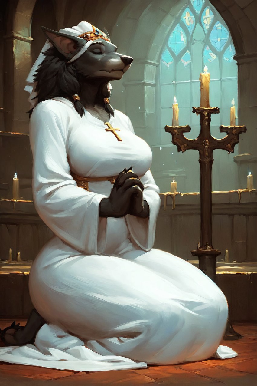 anthro big_breasts breasts candle clothed clothing cross crucifix eyes_closed female inside kneeling nun nun_outfit penetration praying robe solo white_clothing white_robe canid canine canis mammal were werecanid wolf worgen hi_res