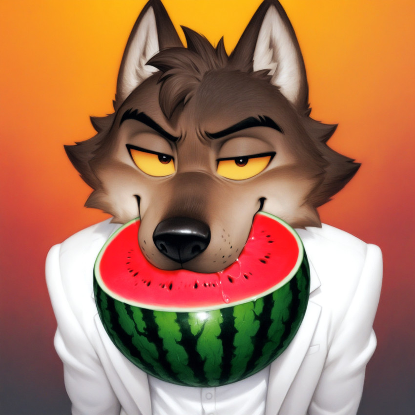 bedroom_eyes black_eyebrows black_nose bodily_fluids brown_body brown_fur cheek_tuft clothed clothing eating eyebrows facial_tuft food fruit fur gradient_background half-closed_eyes head_tuft humor looking_at_viewer male melon narrowed_eyes plant saliva seductive simple_background smile solo suit topwear tuft watermelon white_clothing white_topwear yellow_sclera hank94_(director) mr._wolf_(the_bad_guys) canid canine canis mammal wolf hi_res icon meme portrait