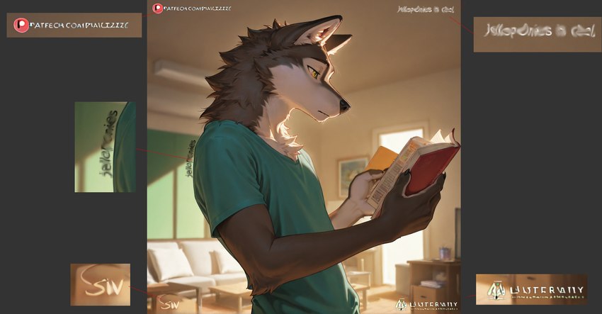 anthro book clothed clothing fur green_clothing green_shirt green_topwear grey_body grey_fur inside male multicolored_body multicolored_fur shirt solo topwear white_body white_fur anonymous_director canid canine canis mammal wolf attempted_signature hi_res