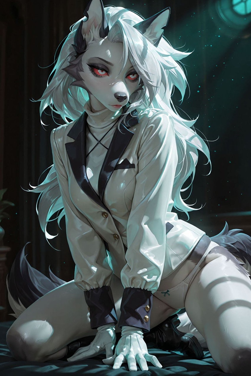 anthro clothing female fur grey_body grey_fur jacket panties red_eyes sitting solo topwear underwear white_body white_clothing white_fur white_jacket white_panties white_topwear white_underwear anthroai hellaverse helluva_boss loona_(helluva_boss) canid canine mammal hi_res