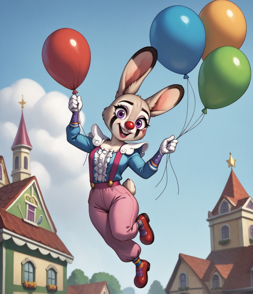 anthro balloon city city_background clothed clothing cloud clown clown_makeup ears_up female flying fully_clothed inflatable levitation looking_at_viewer open_mouth outdoors smile solo suspended_in_midair zootopia anonymous_director judy_hopps lagomorph leporid mammal rabbit hi_res