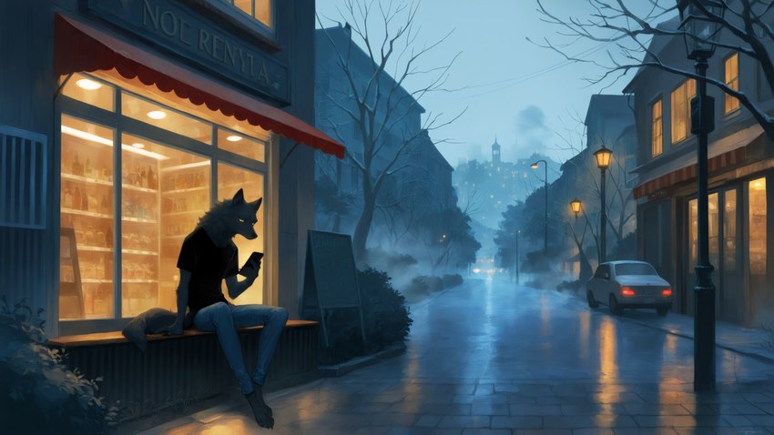 amazing_background barefoot biped black_clothing black_topwear bottomwear building car cellphone city clothed clothing denim denim_bottomwear denim_clothing detailed_background digitigrade electronics evening feet fog fully_clothed fur grey_body grey_fur holding_cellphone holding_object holding_phone jeans looking_at_object looking_at_phone male night outside pants phone plant raining reflection shirt sitting smartphone solo street street_lamp text toes topwear town tree vehicle window anotheranon canid canine canis mammal wolf absurd_res english_text hi_res widescreen