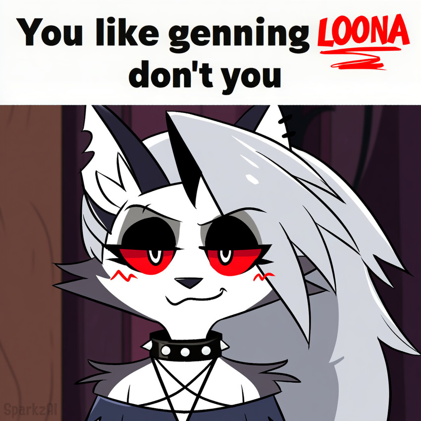 anthro blush clothing collar ear_piercing female female_anthro fur grey_body grey_fur grey_hair hair inner_ear_fluff looking_at_viewer narrowed_eyes notched_ear piercing red_sclera smile solo spiked_collar spikes text tuft white_body white_eyes white_fur sergalbutt hellaverse helluva_boss meme_2026 boy_kisser_(meme) loona_(helluva_boss) canid canid_demon canine demon hellhound mammal director_name english_text meme reaction_image signature