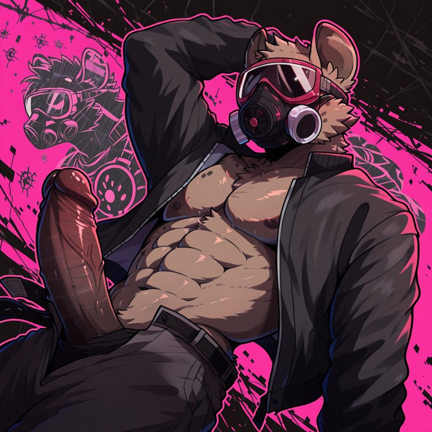 abs abstract_background anthro belt big_penis black_clothing bottomwear brown_body brown_fur clothed clothing erection foreskin fur gas_mask genitals glans humanoid_genitalia humanoid_penis jacket male mask muscular muscular_anthro muscular_male navel nipples open_bottomwear open_clothing open_jacket open_pants open_topwear pants pecs penis penis_through_fly poking_out pose presenting presenting_penis retracted_foreskin solo thick_penis topwear tuft vein veiny_penis anonymous_director hyaenid mammal spotted_hyena hi_res