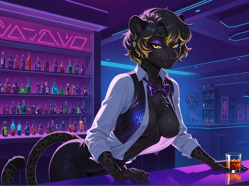 5_fingers alcohol bar bartender beverage black_body black_bottomwear black_clothing black_fur black_hair blonde_hair bottomwear bow_tie breasts chest_tuft clothed clothing container cup detailed_background drinking_glass ear_piercing ear_ring eyebrows eyelashes eyeshadow fangs female fingers fur glass glass_container glass_cup hair highlights_(coloring) inner_boob inside leaning leaning_forward looking_at_viewer makeup markings medium_breasts melanistic multicolored_hair narrowed_eyes neon_lights open_clothing open_shirt open_topwear pants piercing public public_exposure purple_eyeshadow ring_piercing shirt short_hair smile solo spots spotted_body spotted_fur tail teeth topwear tuft two_tone_hair vest white_clothing white_topwear yellow_eyes alucard_(director) felid leopard mammal pantherine hi_res