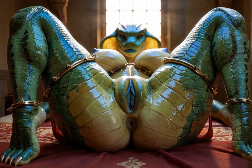 bed blue_nipples blue_pussy countershading female furniture genitals green_body green_scales looking_at_viewer lying nipples on_back on_bed presenting pussy scales snake_hood solo spread_legs spreading wet wet_body reptile scalie snake