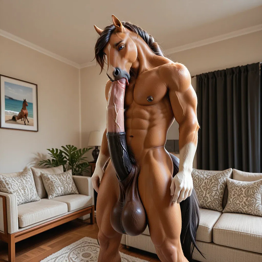 5_fingers animal_genitalia animal_penis anthro autofellatio balls big_balls big_penis detailed_penis equine_penis fingers front_view fur genitals huge_balls huge_penis hyper hyper_genitalia hyper_penis living_room male masturbation multicolored_body multicolored_fur nipple_piercing nipples nude oral oral_masturbation penile penile_masturbation penis piercing solo spot_(disambiguation) standing two_tone_body two_tone_fur equid equine horse mammal