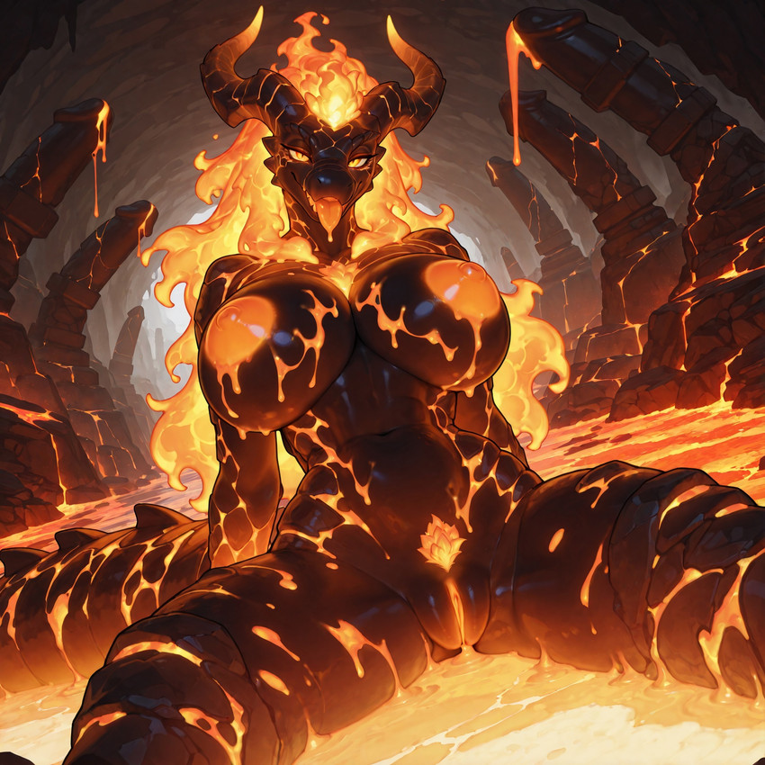 anthro big_breasts big_nipples black_body breasts dutch_angle female fiery_hair genitals glowing glowing_horn half-closed_eyes horn lava looking_at_viewer mythology narrowed_eyes nipples nude open_mouth orange_eyes orange_nipples orange_pussy orange_tongue pubes pussy rock sitting solo spread_legs spreading tongue tongue_out iamsillycreature dragon elemental_creature mineral_fauna mythological_creature mythological_scalie rock_creature scalie hi_res