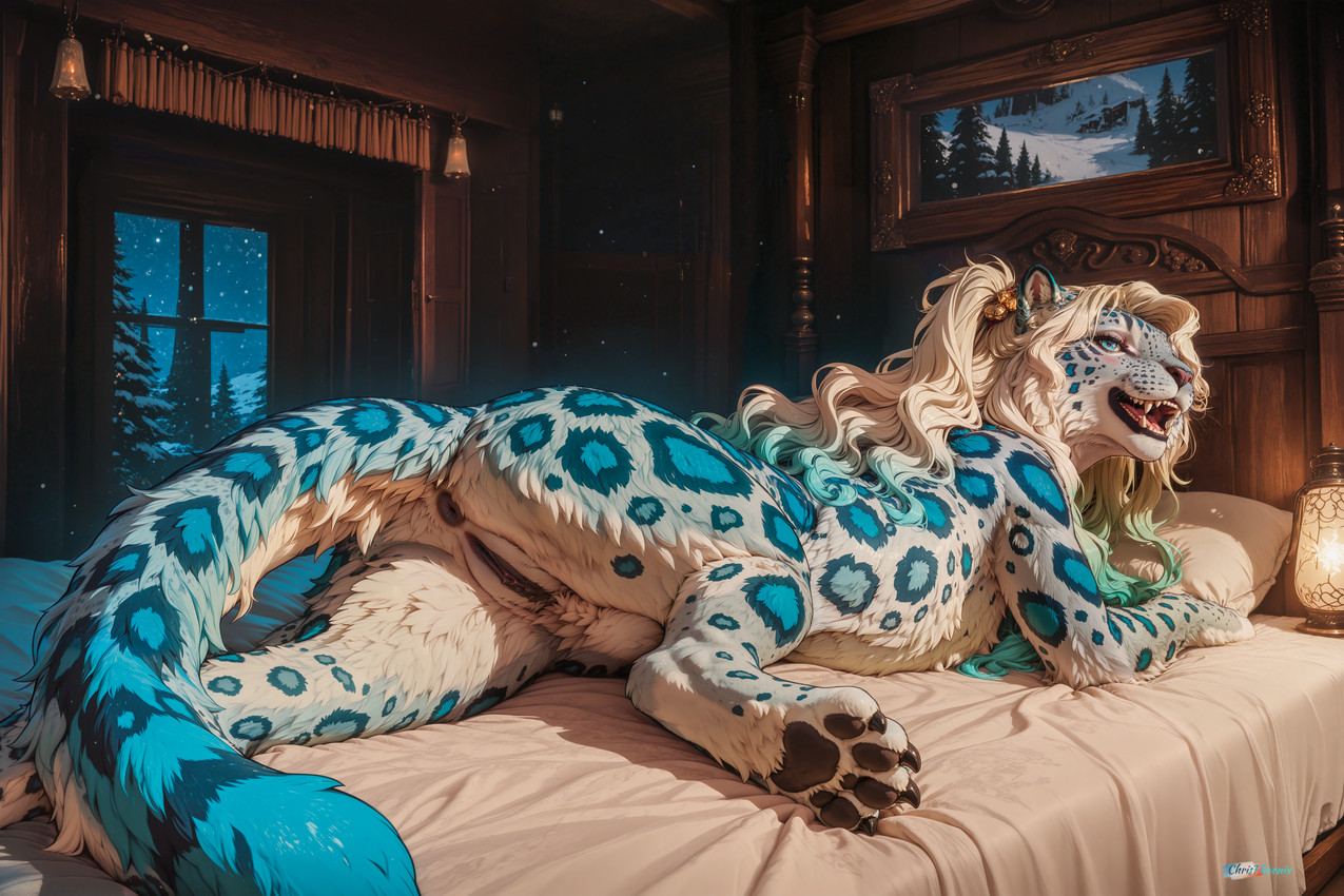 4_toes accessory anus bed bedroom bell blue_body blue_eyes blue_fur blush bodily_fluids butt claws darkened_anus darkened_genitalia darkened_pussy detailed_background eyelashes fangs feet female feral fur furniture genitals hair hair_accessory hair_tie half-closed_eyes inner_ear_fluff lamp long_hair looking_at_viewer looking_back looking_back_at_viewer lying lying_on_bed multicolored_body multicolored_fur multicolored_hair narrowed_eyes on_bed on_front painting particles pawpads pillow plant presenting pussy saliva smile solo spots spotted_body spotted_fur spread_legs spreading tail teeth toes tree tuft turquoise_hair turquoise_tail two_tone_hair wall_(structure) wavy_hair white_body white_fur winter_background wood_floor wood_wall chrisphoenix melissa_(chrisphoenix) felid mammal pantherine snow_leopard 2026 absurd_res detailed hi_res huge_filesize