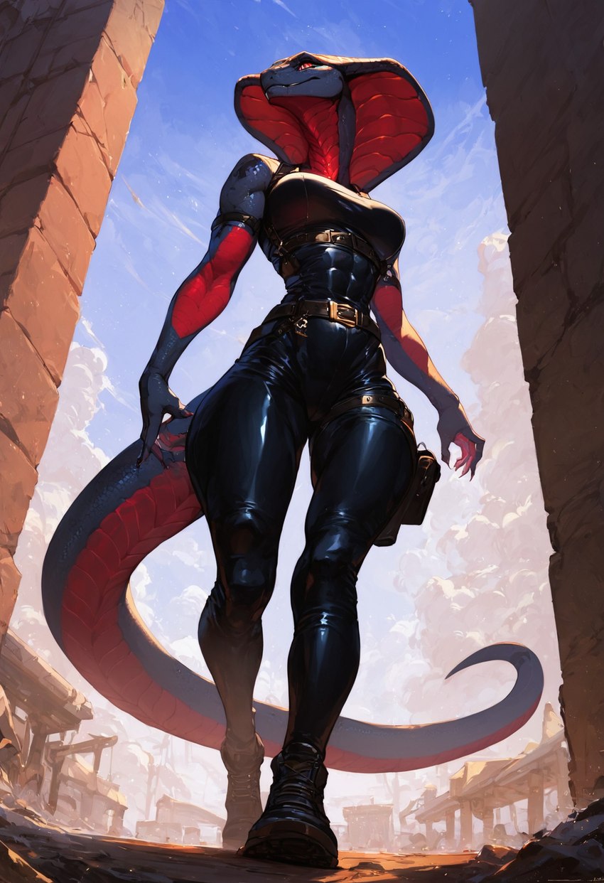 abs anthro athletic athletic_anthro athletic_female belt black_body black_scales bodysuit boots breasts claws clothing cloud day female female_focus footwear holster long_tail looking_away low-angle_view medium_breasts red_body red_scales red_sclera ruins scales skinsuit sky sleeveless snake_hood solo solo_focus stone_wall thick_thighs tight_clothing walking wall_(structure) rune_parrot cobra reptile scalie snake full-length_portrait hi_res portrait