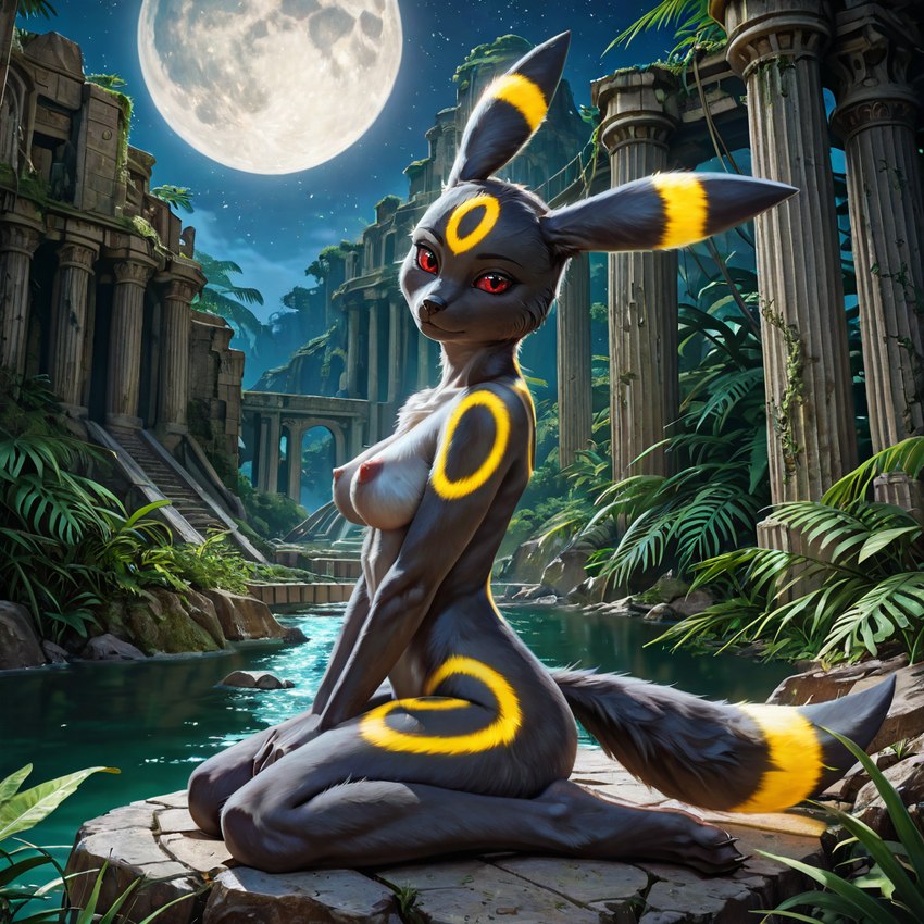 anthro breasts female kneeling looking_at_viewer moon night nipples side_view solo denis0k nintendo pokemon eeveelution generation_2_pokemon pokemon_(species) umbreon