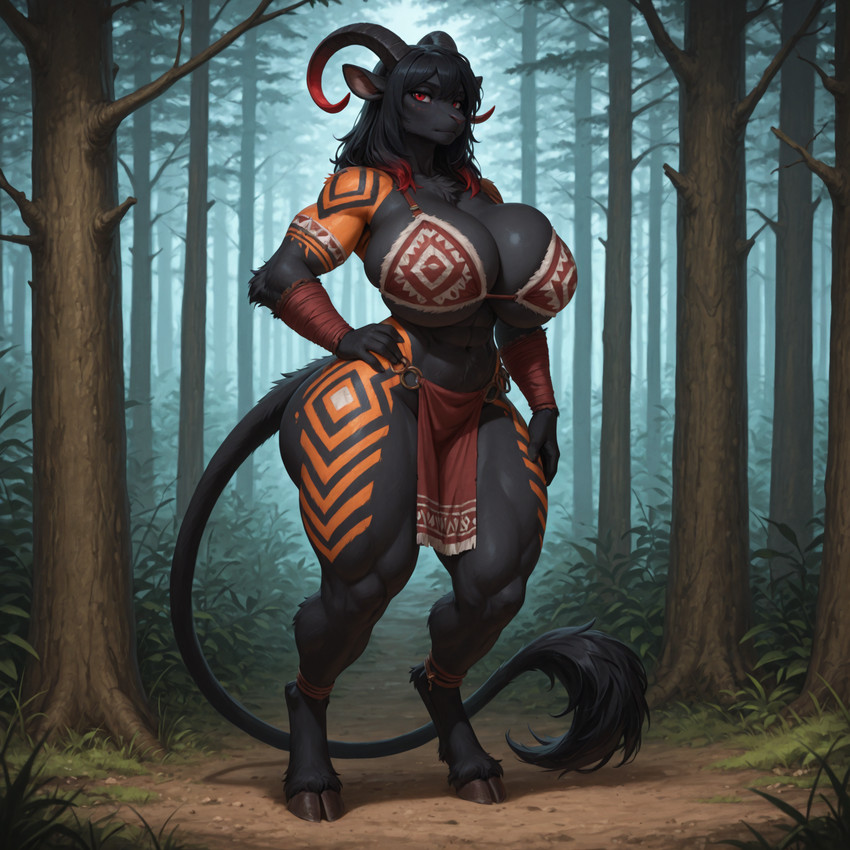 anthro black_body black_fur bottomwear bra clothing curved_horn day female forest fur grass hand_on_hip hooves horn loincloth long_tail looking_at_viewer markings neck_tuft outside plant red_eyes solo standing tail_tuft thick_thighs tree tribal_clothing tuft underwear wide_hips zoc bovid bovine caprine felid feline hybrid mammal hi_res