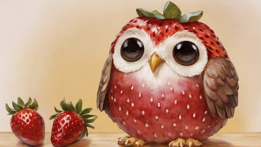 ambiguous_gender beady_eyes beak big_eyes black_eyes chibi feral food fruit plant red_body simple_background solo standing strawberry wings scalesai avian bird food_creature owl hi_res widescreen