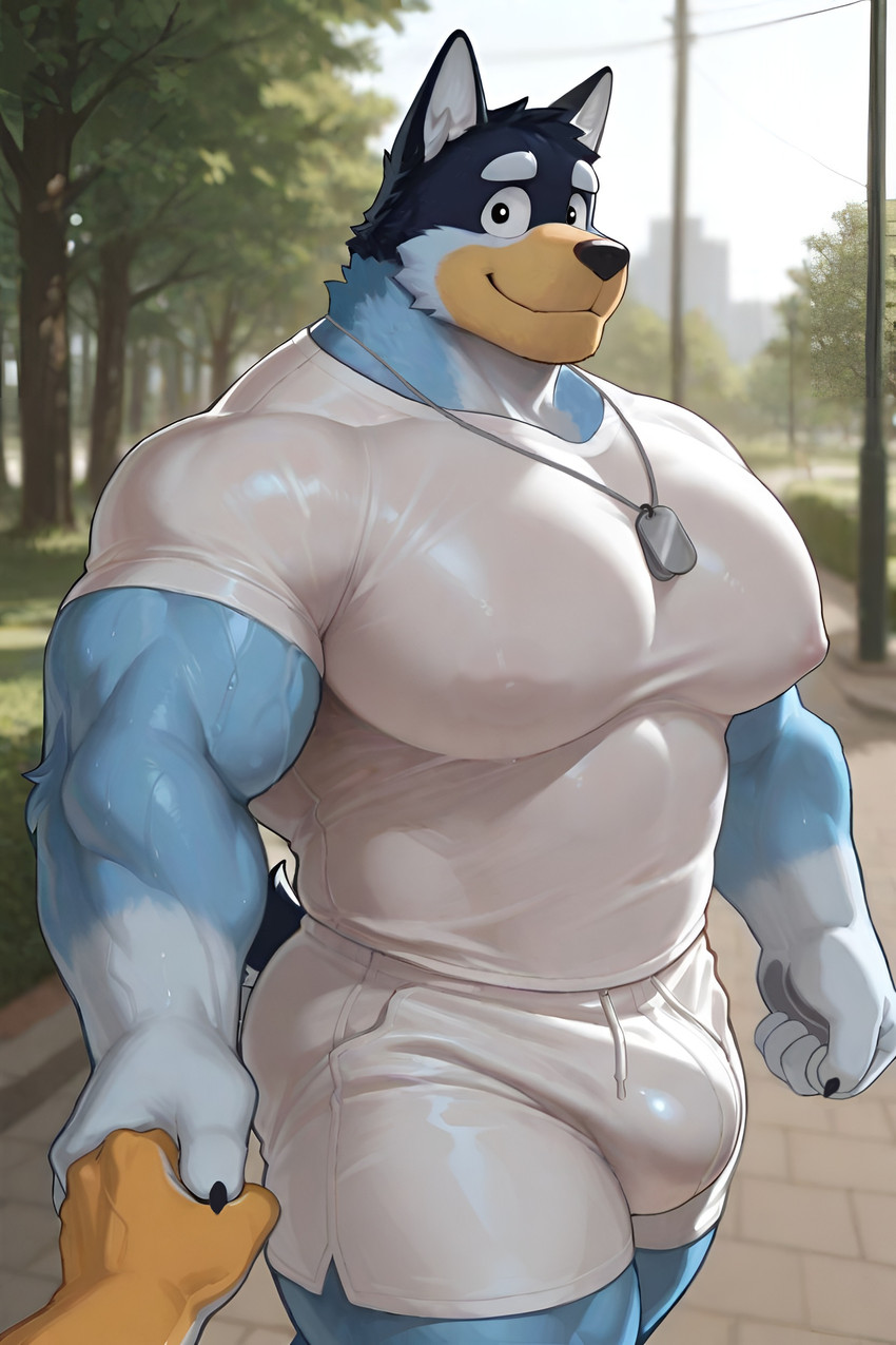 anthro big_muscles big_pecs black_eyes bulge clothing dog_tags duo hand_holding looking_at_viewer male male/male muscular nipple_outline outside park pecs smile solo_focus tight_clothing walking white_clothing exveemon_(director) bluey_(series) bandit_heeler canid canine canis domestic_dog herding_dog mammal pastoral_dog absurd_res hi_res