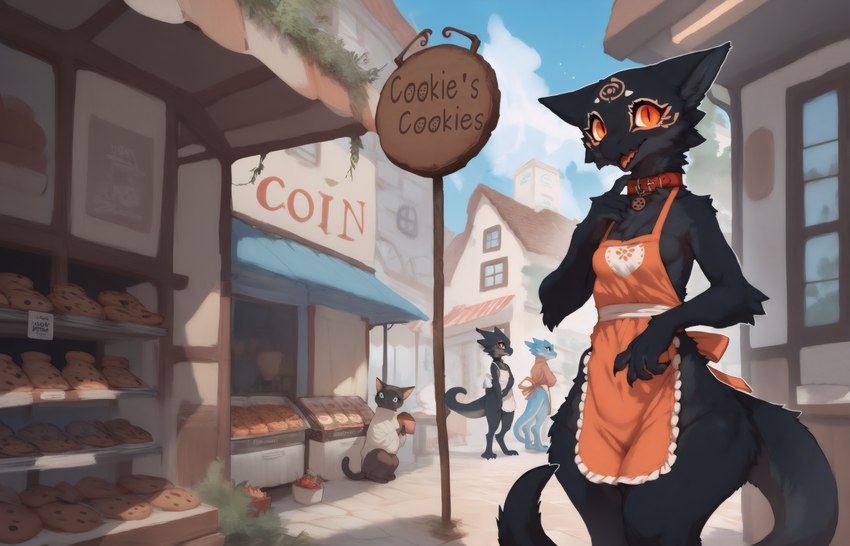 ambiguous_gender anthro apron apron_only black_body black_fur blue_body bottomless bottomless_female breasts building city city_background clothed clothing collar cookie day detailed_background female food fur furred_scalie group happy looking_at_viewer market markings mostly_nude open_mouth orange_eyes outside side_boob sky smile solo solo_focus standing text town wide_hips window anotheranon cookie_(anotheranon) domestic_cat dragon felid feline felis furred_kobold kobold mammal scalie absurd_res english_text hi_res