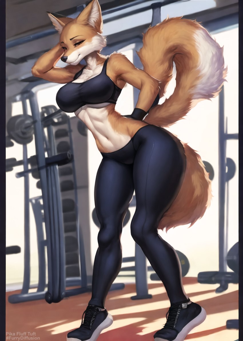 anthro bedroom_eyes black_nose bottomwear breasts cheek_tuft cleavage clothed clothing depth_of_field facial_tuft female fluffy fluffy_tail footwear fur gym gym_clothing half-closed_eyes hand_behind_back hand_behind_head inner_ear_fluff inside leggings legwear looking_at_viewer midriff narrowed_eyes navel pose seductive shoes skimpy smile solo standing tight_bottomwear tight_clothing tiptoes topwear tuft pikaflufftuft canid canine fox mammal full-length_portrait hi_res portrait watermark