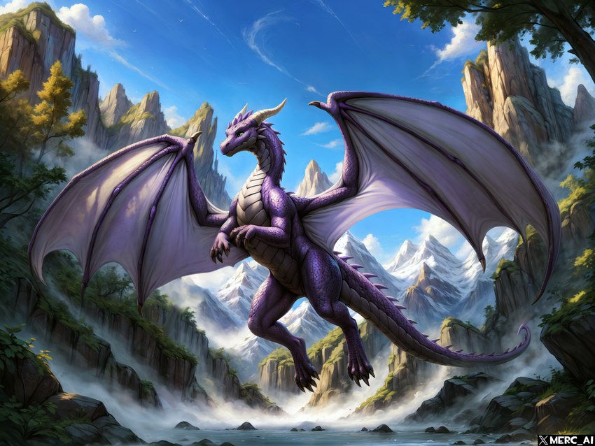 cloud countershading female feral flying green_eyes grey_body grey_countershading horn membrane_(anatomy) membranous_wings mercrantos's_wife mountains nature nature_background outside purple_body purple_scales scales solo waterfall wings mercrantos dragon scalie western_dragon 4:3 colored hi_res watermark