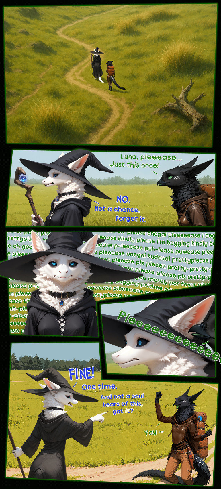 5_fingers annoyed anthro armor backpack barefoot beak begging belt black_body black_clothing black_collar black_fur black_robe blue_tentacles bodily_fluids bottomwear breasts claws clenched_teeth clothed clothing collar dagger dialogue digitigrade duo eye_roll eyebrows eyes_closed feet female fingers fist fluffy front_view fully_clothed fur gem gesture glowing glowing_tentacles grass grass_field green_sclera green_tongue happy hat headgear headwear high-angle_view holding_object holding_staff hood_down inner_ear_fluff joyful leather leather_armor leather_bottomwear leather_clothing leather_pants long_tail looking_at_another looking_forward looking_up mage_hat melee_weapon monotone_body monotone_fur mythology neck_tuft open_beak open_mouth pants plant pointing pointing_at_another red_tongue robe side_view small_breasts spots spotted_body spotted_fur staff sweat sweatdrop teeth tentacles text thick_tail tongue tree tree_stump tuft walking weapon white_body white_eyebrows white_fur white_spots wide_eyed oldhroft luna_(scalesai) shadow_(oldhroft) avian dragon furred_dragon mythological_creature mythological_scalie scalie velari absurd_res comic english_text hi_res huge_filesize