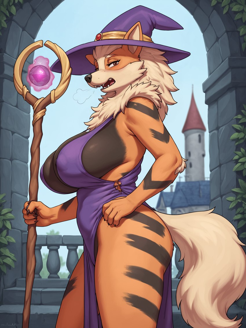 anthro arch barely_contained big_breasts blush breasts breath castle clothing dress female hat headgear headwear holding_object looking_at_viewer magic_user magic_wand nipple_outline open_mouth overgrown side_boob solo standing stripes tight_clothing wizard_hat anonymous_director arcanine generation_1_pokemon pokemon_(species) hi_res