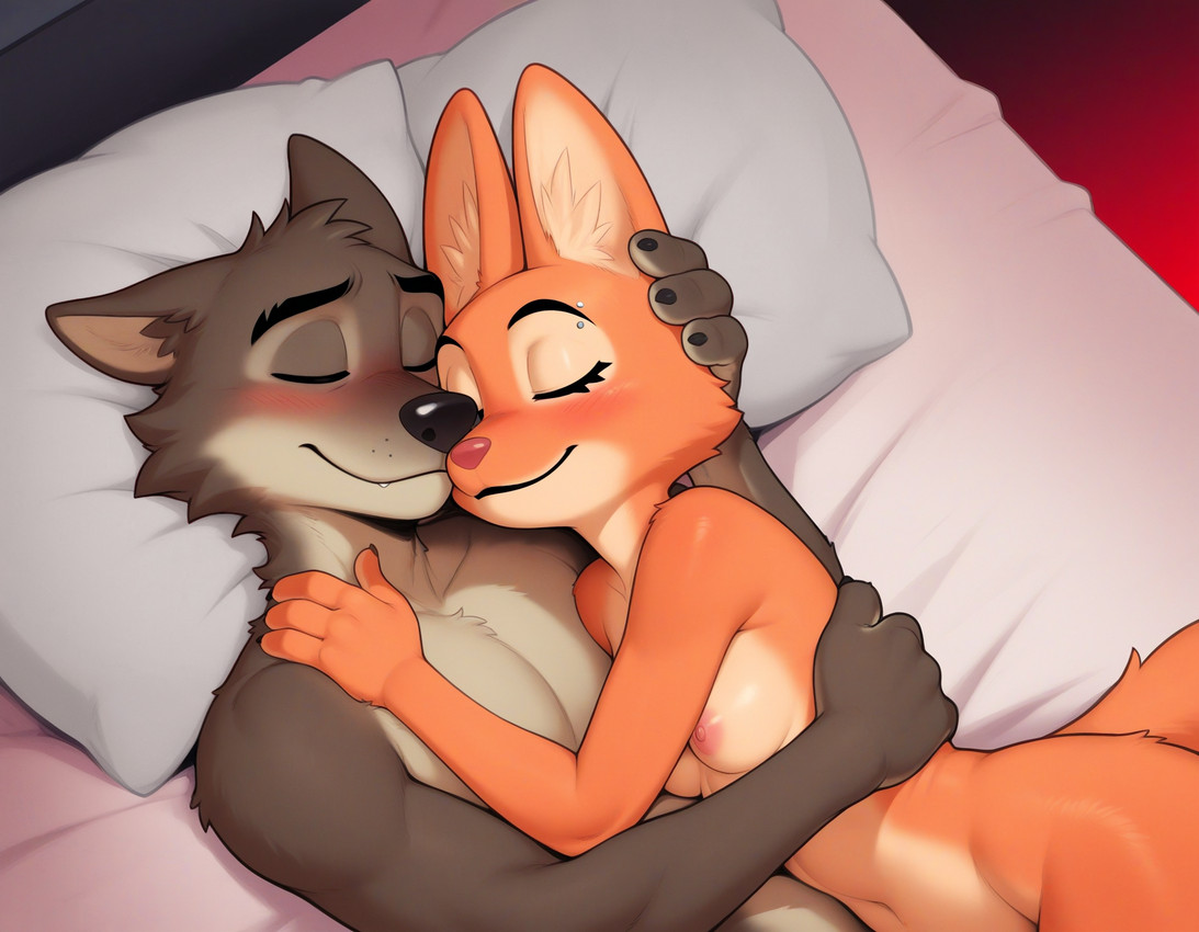 5_fingers anthro anthro_on_anthro areola bed blush breasts brown_body brown_fur claws countershading cuddling duo embrace eyebrows eyelashes eyes_closed female finger_claws fingers fur furniture grey_body grey_fur hand_on_head happy hug inner_ear_fluff intimate lying male male/female multicolored_body navel nipples nude on_back on_bed on_side orange_body orange_fur pillow romantic romantic_ambiance romantic_couple sleeping smile tail tuft hank94_(director) the_bad_guys diane_foxington mr._wolf_(the_bad_guys) canid canine canis fox mammal wolf hi_res