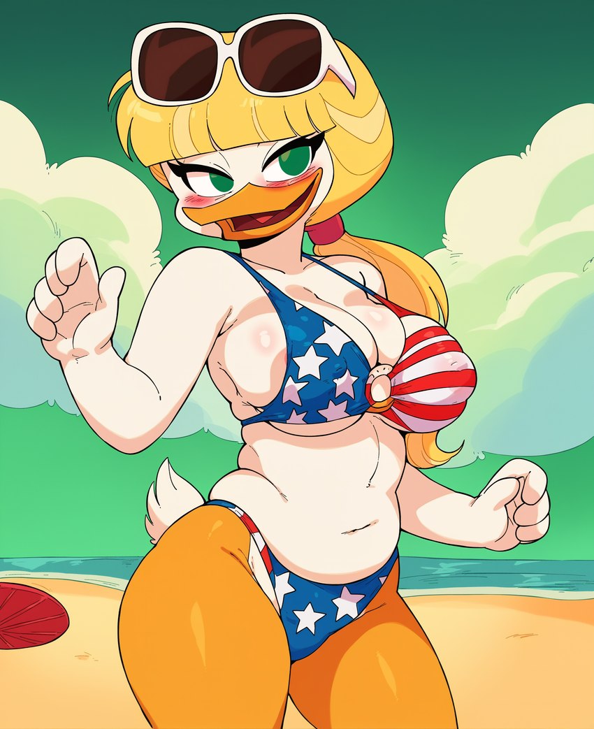 american_flag_bikini anthro beach beak big_breasts bikini blonde_hair blush breasts cleavage cleavage_overflow clothed clothing disney ducktales ducktales_(2017) eyeliner eyewear eyewear_on_head female flag_bikini green_eyes hair makeup navel nipple_outline open_mouth orange_legs ponytail scut_tail seaside short_tail solo stars_and_stripes sunglasses sunglasses_on_head swimwear thick_thighs tongue united_states_of_america white_body white_skin cloud9999 goldie_o'gilt anatid anseriform avian bird duck absurd_res hi_res portrait three-quarter_portrait