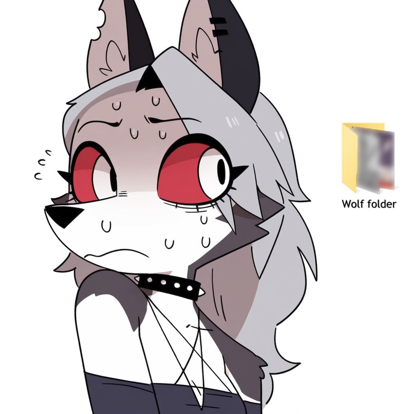 anthro bodily_fluids clothing collar crop_top female folder hair humor looking_aside nervous shirt silver_hair simple_background solo spiked_collar spikes sweat sweatdrop text topwear white_background white_eyes wheel_of_fortune canid canid_demon demon hellhound mammal hi_res