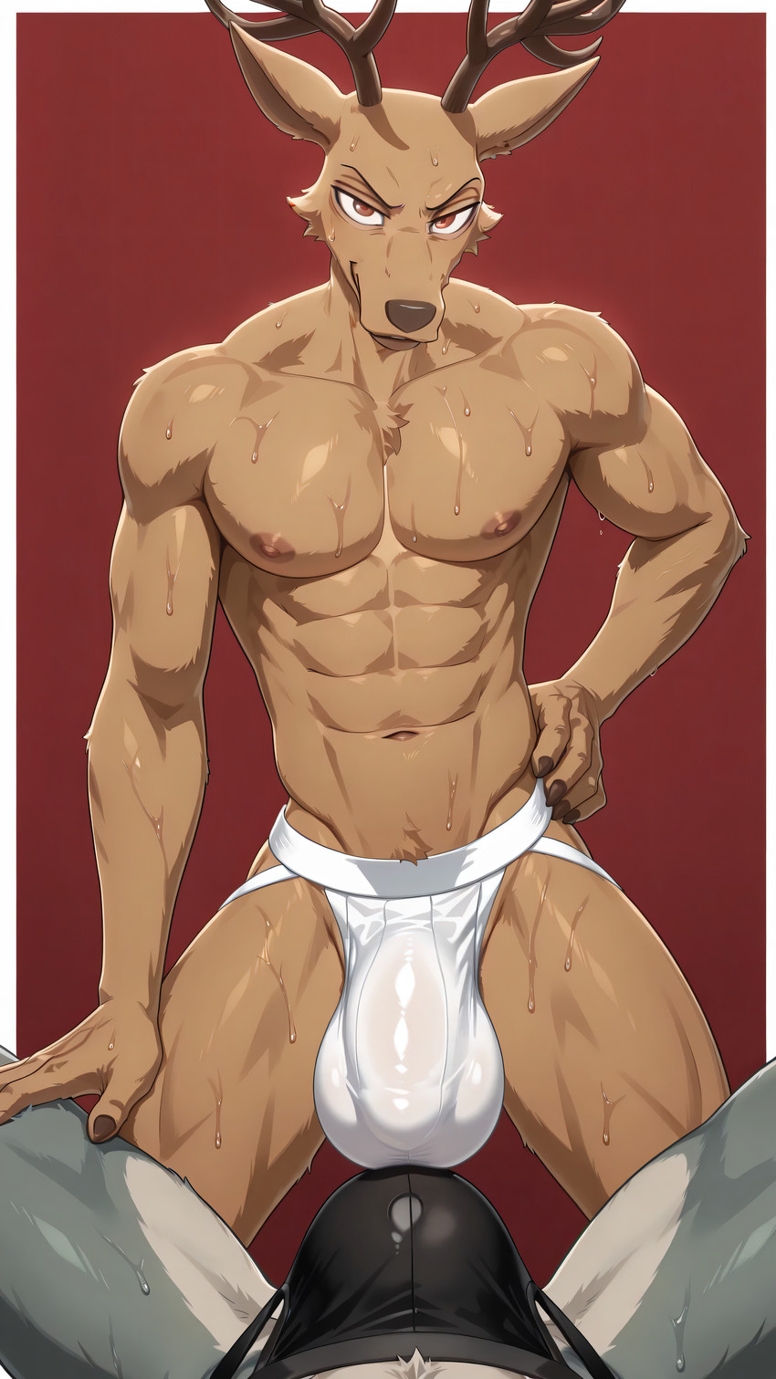 abs after_exercise angry_expression anthro antlers aroused athletic athletic_male balls balls_outline big_balls big_bulge black_clothing black_underwear bodily_fluids border bottomwear brown_body brown_eyes brown_fur bulge bulge_frottage chest_tuft clothing duo first_person_view fur genital_outline genitals grey_body grey_fur hand_on_hip hand_on_leg horn jockstrap looking_at_viewer lying male male/male muscular_thighs nails nipples no_nut_november on_back pent_up pinup pose red_background simple_background spread_legs spreading standing sweat sweaty_body tight_bottomwear tight_clothing tuft underwear wet wet_clothing wet_underwear white_border white_clothing white_jockstrap white_underwear xenonlight beastars legoshi_(beastars) louis_(beastars) canid canine canis cervid mammal wolf 2025 absurd_res hi_res story story_in_description