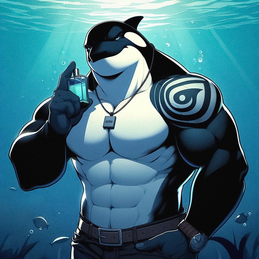 2024 4_fingers abs anthro arm_tattoo belt belt_buckle biceps big_abs big_biceps big_deltoids big_forearm_muscles big_muscles big_pecs big_trapezius big_triceps biped black_body black_pupils black_skin blue_eyes bottle bottomwear broad_shoulders brown_belt bubble clock closed_smile clothed clothed_anthro clothed_male clothing container countershade_face countershade_neck countershade_skin countershade_torso countershading dall-e_3 dark_body dark_skin day deltoids denim denim_bottomwear denim_clothing detailed_background dorsal_fin fin fingernails fingers forearm_muscles front_view fully_submerged grey_bottomwear grey_clothing grey_pants hand_in_pocket head_fin holding_bottle holding_container holding_object humanoid_hands jeans jewelry light light_beam light_body light_skin looking_at_viewer male manly mouth_closed multicolored_body multicolored_skin muscular muscular_anthro muscular_arms muscular_male nails narrowed_eyes necklace obliques pants pecs pendant perfume perfume_bottle plant pockets pose pupils sea serratus shoulder_tattoo smile smiling_at_viewer solo standing sunbeam sunlight tattoo text thick_neck topless topless_anthro topless_male trapezius triceps two_tone_body two_tone_skin underwater watch water white_body white_countershading white_skin white_tattoo wristwatch zenithwolf ambient_fish ambient_sealife cetacean delphinoid fish mammal marine oceanic_dolphin orca toothed_whale 1:1 blue_theme cool_colors digital_drawing_(artwork) digital_media_(artwork) half-length_portrait hi_res lighting portrait shaded