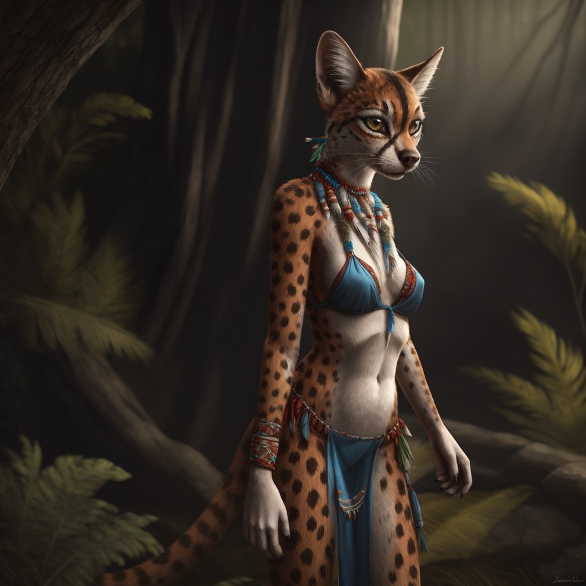 anthro blue_clothing bottomwear clothing female fern inner_ear_fluff jewelry loincloth markings multicolored_body outside pelvic_curtain plant realistic solo spots spotted_body stable_diffusion standing tree tribal tribal_clothing tribal_jewelry tuft whiskers gopossum genet mammal viverrid