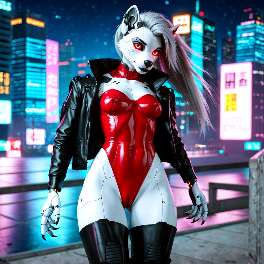 anthro black_clothing black_lips black_nose boots camel_toe city city_background claws clothing cybernetic_eye cybernetic_hand cybernetic_head cybernetic_leg cybernetic_limb cybernetic_torso cybernetics cyberpunk erect_nipples female footwear front_view futuristic genitals glowing glowing_eyes gray_hair jacket leather leather_clothing leather_jacket leather_topwear legwear leotard lips looking_at_viewer machine missing_tail neon_lights nipples pussy realistic red_clothing red_eyes science_fiction sharp_claws skyscraper solo standing thick_thighs thigh_boots thigh_highs tight_clothing topwear white_body wide_hips tacitus_kilgore loona_(helluva_boss) canid canid_demon canine canis cyborg demon hellhound mammal wolf hi_res