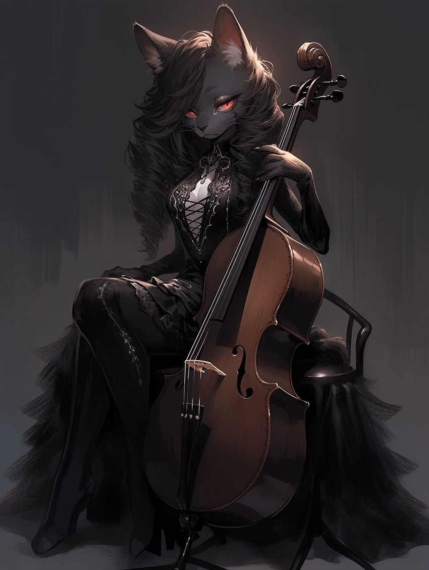 anthro black_body black_clothing black_fur black_hair black_nose bowed_string_instrument breasts cello chair clothed clothing female fully_clothed fur furniture goth grey_background hair inner_ear_fluff long_hair musical_instrument red_eyes simple_background sitting solo solo_focus string_instrument tuft whiskers sappy_(director) felid feline mammal hi_res