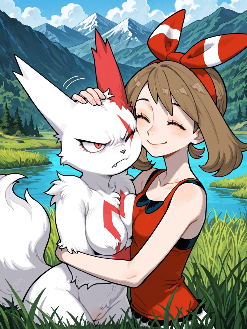 accessory angry annoyed anthro arm_tuft blush breast_squish breasts breasts_frottage brown_hair clothed clothed/nude clothing cloud detailed_background duo embrace eyelashes eyes_closed face_squish female female/female female_on_human fur genitals grass hair headpat hug human_on_anthro innie_pussy interspecies markings medium_breasts mountain mountain_range mountains naturally_censored nude outside plant pokephilia pussy red_body red_eyes red_fur red_markings shirt smile squish tail teeth topwear tuft water white_body white_fur unknown_director nintendo pokemon may_(pokémon) generation_3_pokemon human mammal pokemon_(species) zangoose hi_res