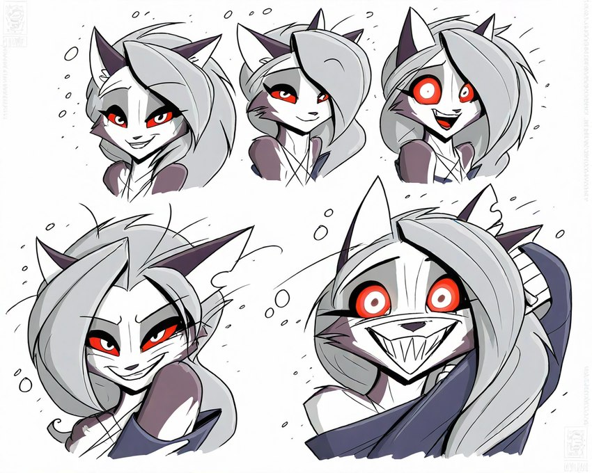 anthro black_nose clothed clothing eyebrows eyelashes female fur grey_body grey_fur grey_hair grin hair happy helluva_boss long_hair looking_at_viewer multicolored_body multicolored_fur notched_ear open_mouth red_eyes red_sclera sharp_teeth simple_background smile solo teeth tuft two_tone_body white_background aphid butterwolf loona_(helluva_boss) canid canid_demon canine demon hellhound mammal mythological_canine mythological_creature bust_portrait portrait