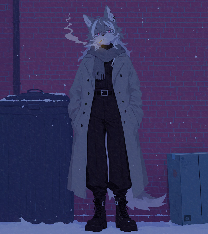 anthro belt bottomwear box brick_wall cardboard cardboard_box cigarette cigarette_in_mouth clothing coat container ear_piercing female fluffy fluffy_tail grey_hair hair hand_in_pocket head_tilt multicolored_hair notched_ear outside pants piercing pink_eyes platform_footwear pockets raised_tail scarf smoke snow snow_on_ground snowing solo sweater tail tired tired_eyes topwear trash_can trenchcoat tube turtleneck urban wall_(structure) white_hair loren_iipsum canid canine canis mammal wolf hi_res