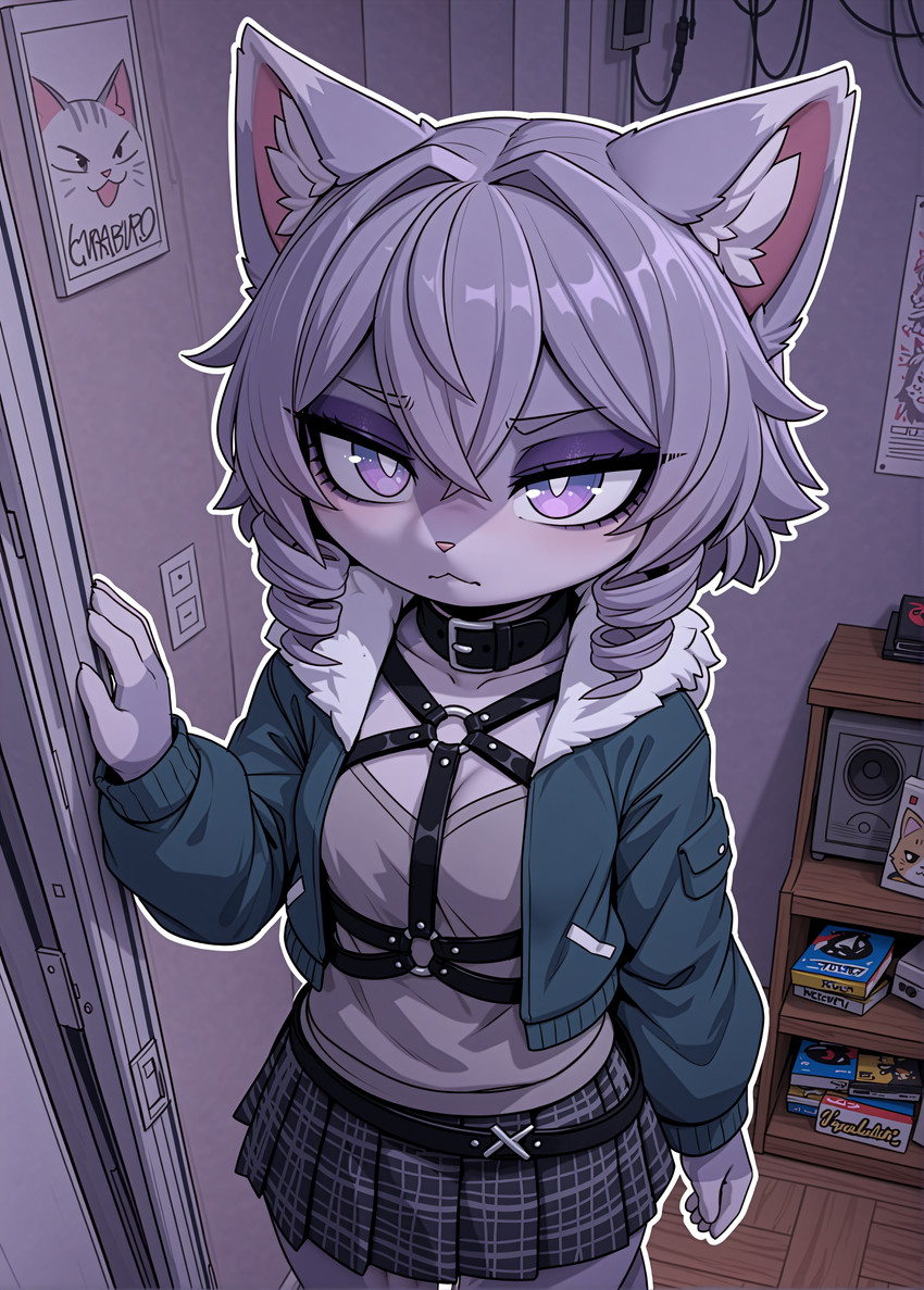 anthro bangs checkered_clothing clothing collar detailed_background drill_curls electronics eyeliner female fluffy fur grey_body grey_fur grey_hair hair harness high-angle_view inner_ear_fluff jacket living_room makeup outline pattern_clothing solo speaker topwear tuft video_games wire holo_(director) felid feline mammal absurd_res detailed hi_res portrait three-quarter_portrait
