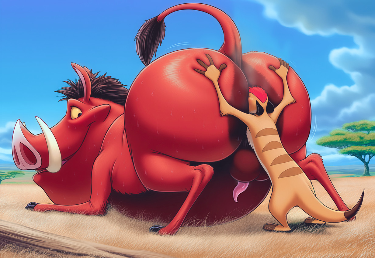 anatomically_correct anatomically_correct_genitalia ass_up balls belly big_belly big_butt blue_sky bodily_fluids body_worship bubble_butt butt butt_grab butt_sniffing butt_worship cartoon_character cloud duo feral genitals grass hair hand_on_butt male male/male mohawk musk musk_clouds on_model outside penis penis_tip plant presenting presenting_hindquarters raised_tail red_body red_hair savanna sky sniffing sweat tail_tuft tuft yellow_sclera yoshiba disney the_lion_king pumbaa timon herpestid mammal meerkat suid suina warthog hi_res