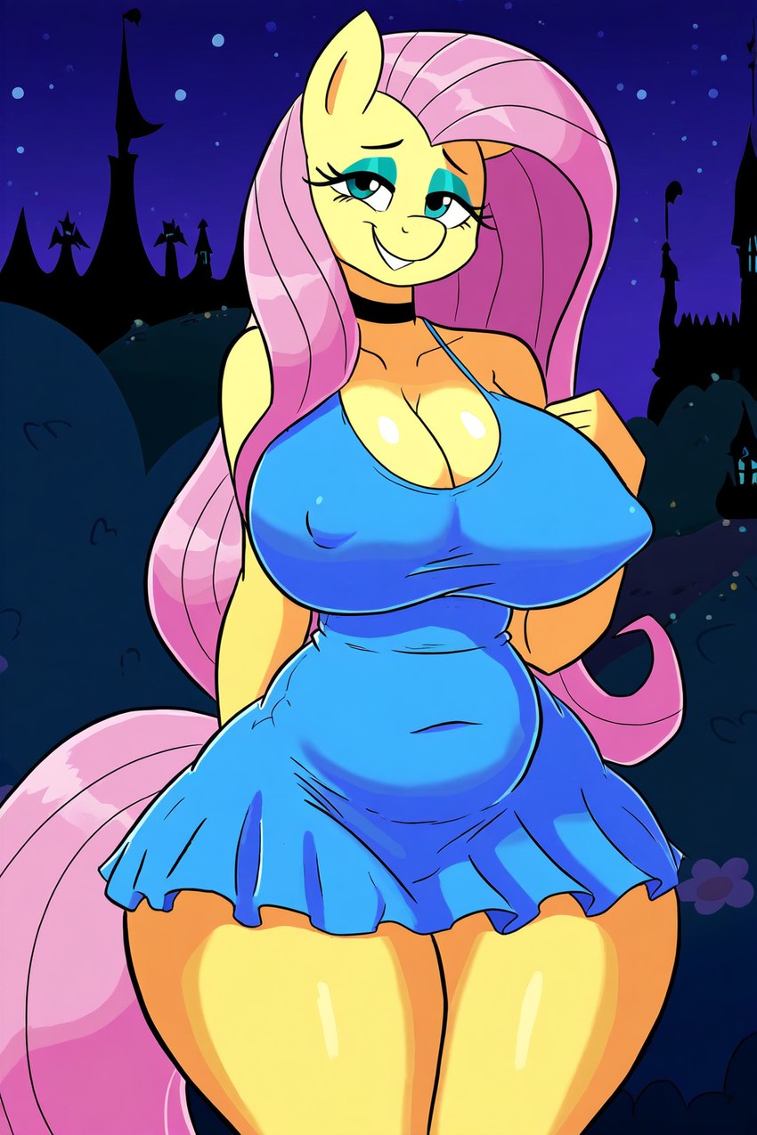 animal_ears anthro bedroom_eyes breasts choker cleavage clothed clothing dress eyeshadow female hair jewelry long_hair looking_at_viewer makeup mature_female narrowed_eyes necklace nipple_outline pink_hair seductive slightly_chubby solo sundress teal_eyes thick_thighs wide_hips wings yellow_body majorfluffy_(director) fluttershy_(mlp) equid equine horse mammal my_little_pony pegasus pony hi_res novelai tagme