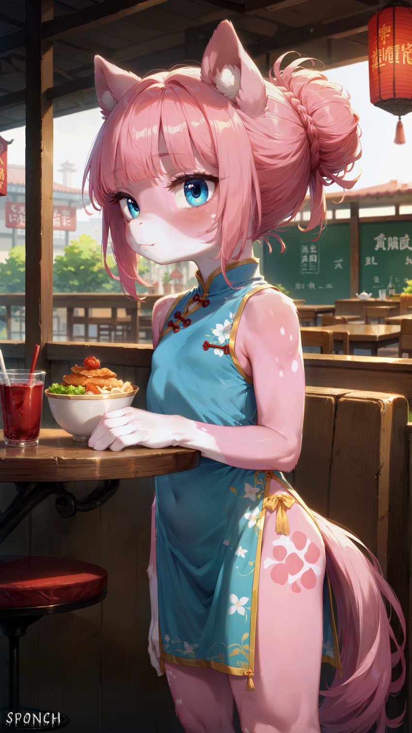 asian_clothing beverage blue_eyes braided_hair chalkboard china chinese_clothing chinese_dress clothing dress east_asian_clothing female food furniture hair hair_bun inner_ear_fluff lamp lantern multicolored_body pink_body pink_hair restaurant solo spots stool table tuft two_tone_body sponch equid equine horse mammal pony absurd_res hi_res