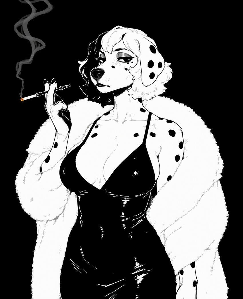 4_fingers alternate_species anthro big_breasts black_background black_clothing black_dress black_hair black_nose black_spots bored breasts cigarette claws cleavage clothed clothing dress eyebrows eyelashes eyeshadow female fingers floppy_ears fur fur_coat furrification glistening glistening_clothing hair holding_object looking_at_viewer makeup markings mature_anthro mature_female multicolored_hair narrowed_eyes simple_background smoke smoking solo spots spotted_body spotted_fur white_body white_fur unknown_director cruella_de_vil canid canine canis dalmatian domestic_dog mammal black_and_white hi_res monochrome restricted_palette
