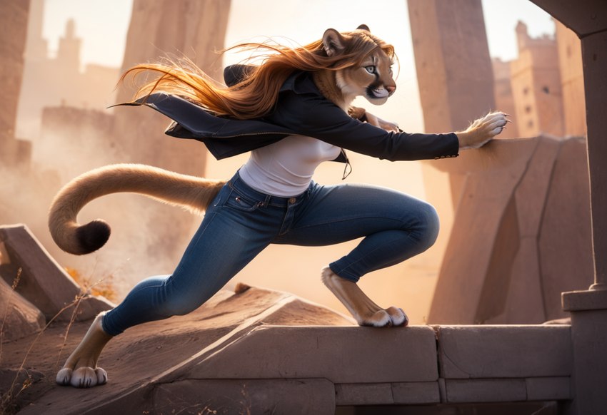 action_pose anthro blue_eyes bottomwear city city_background clothed clothing denim denim_clothing digitigrade female hair jacket jeans long_hair pants ponyrealism_(model) pose red_hair rubble shirt smile solo topwear director_crashbandit cougar felid feline mammal pantherine novelai